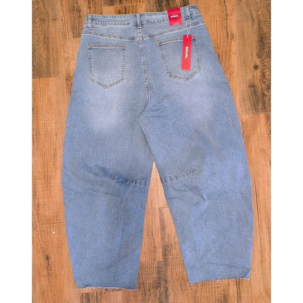 Womens Barrel Jeans 10 Festival High Rise Wide Leg Denim Raw Hem Stretch Cowgirl